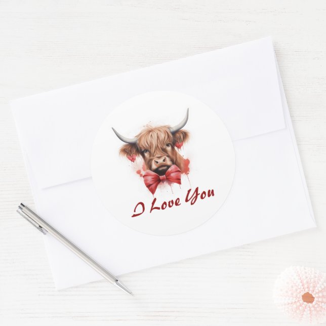Sticker Rond Cute Baby Highland Cow Valentine's Personnalisé (Enveloppe)