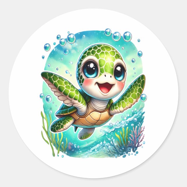 Sticker Rond Cute Baby Turtle nage dans l'océan (Devant)
