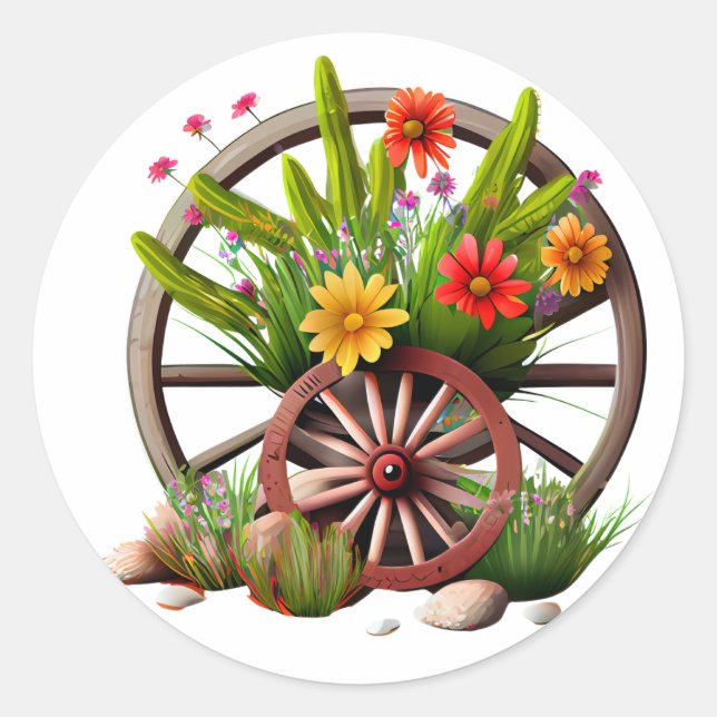 Sticker Rond Cute Barn Wagon Wheel Floral Farm Rustic (Devant)