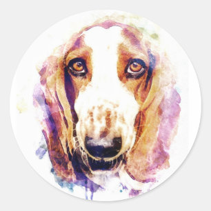 Sticker Rond Cute Basset Hound Chien Face Animal Pet Croquis