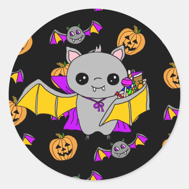 Sticker Rond Cute Bat tenant Halloween Candy (Devant)
