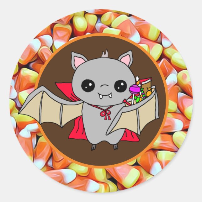 Sticker Rond Cute Bat tenant Halloween Candy (Devant)