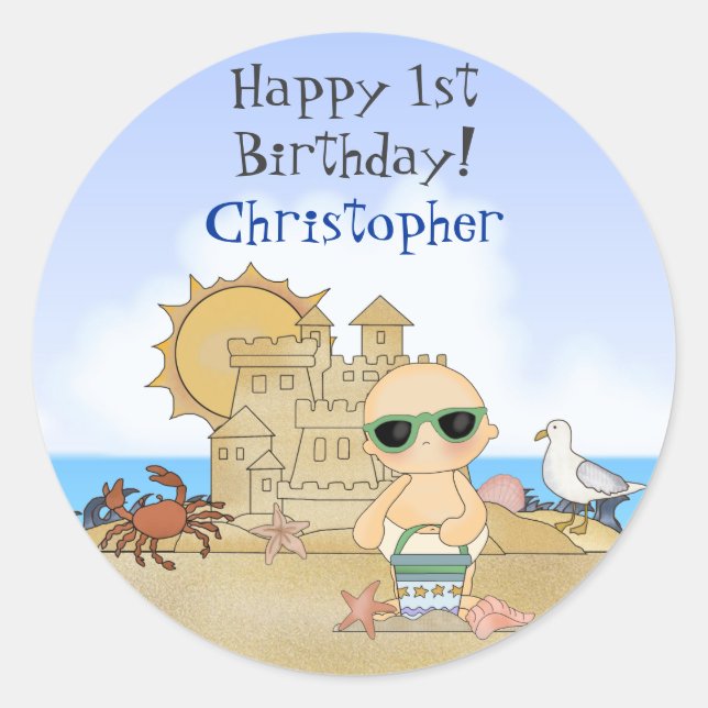 Sticker Rond Cute Beach personnalisée Baby Boy's 1st Birthday (Devant)