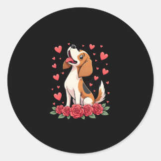 Sticker Rond Cute Beagle with Red Roses Hearts Floral Valentine