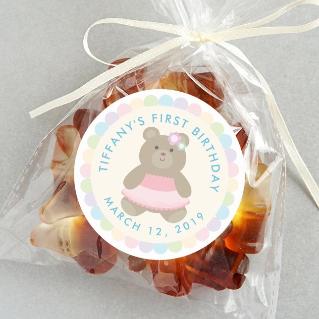 Sticker Rond Cute Bear Cub Ballerina Baby First Birthday Party (Créateur téléchargé)