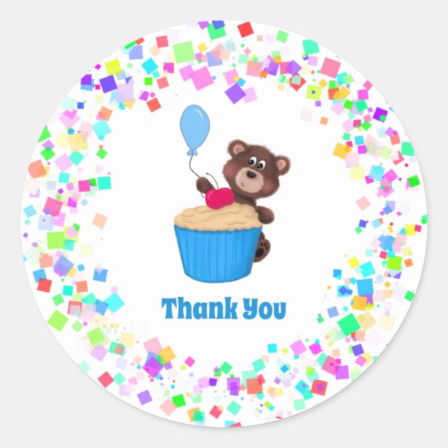 Sticker Rond Cute Bear Cupcake Merci d'anniversaire (Devant)