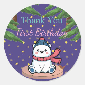 Sticker Rond Cute Bear First Birthday Party 