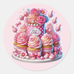 Sticker Rond Cute bébé fille douche cupcake