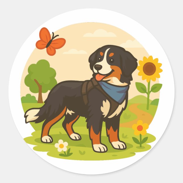 Sticker Rond Cute Bernese Mountain Dog with Sunflower & Butterf (Devant)