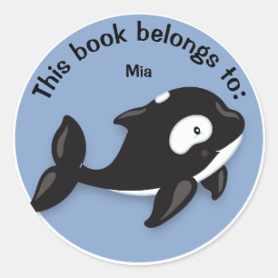 Sticker Rond Cute Black and White Orca Whale Nom du livre Plaqu