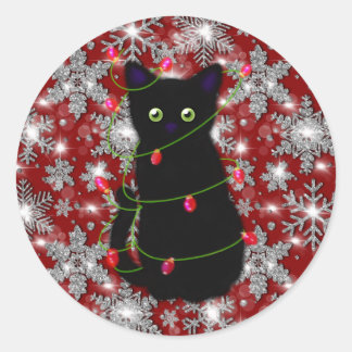 Sticker Rond Cute black cat Meowy Christmas sparkling snowflake