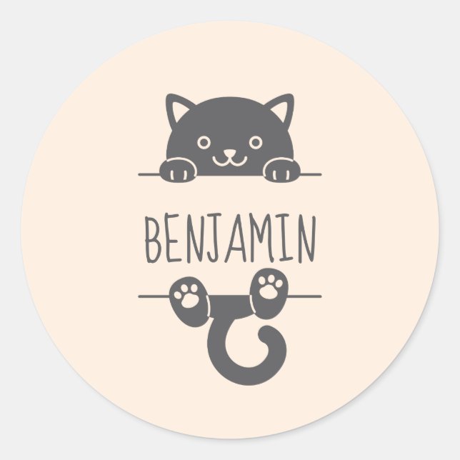 Sticker Rond Cute Black Cat Pékin derrière Nom Personnalisé (Devant)