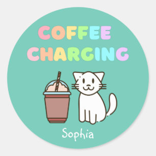 Sticker Rond Cute Blanc Chat & Drôle Café Caféine Arc-en-ciel 