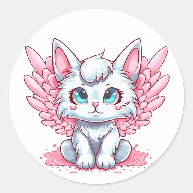 Sticker Rond Cute Blanc Kawaii Kitten avec ailes roses (Devant)