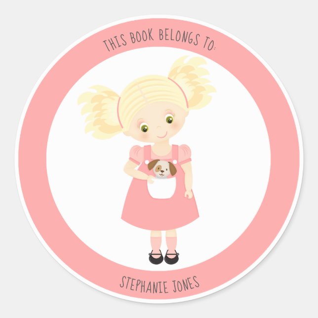 Sticker Rond Cute Blonde Girl and Puppy Ce livre appartient à (Devant)