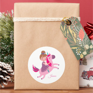 Sticker Rond Cute Blondie Haired Girl équitation sur une licorn