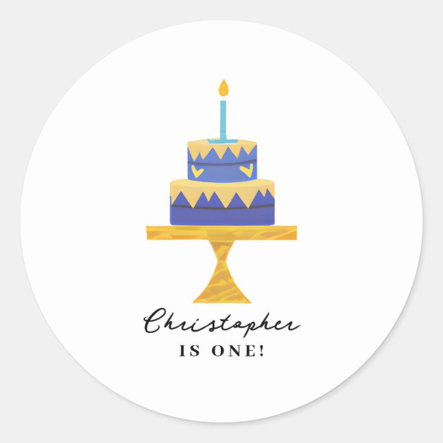 Sticker Rond Cute Blue Birthday Cake Nom personnalisé (Devant)
