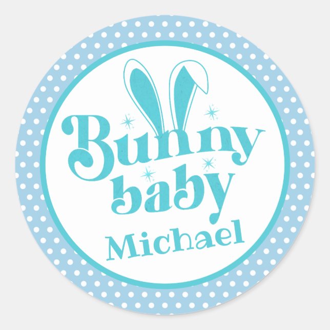 Sticker Rond Cute Blue Bunny Baby Boy " Pâques personnalisées (Devant)
