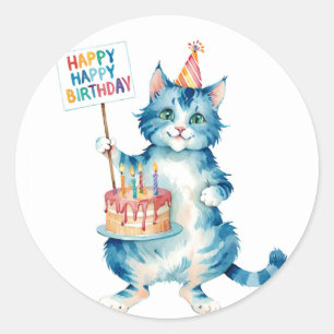 Sticker Rond Cute Blue Chat gâteau d'anniversaire - Anniversair