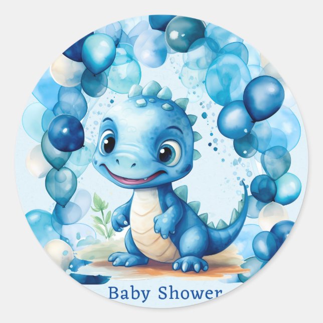 Sticker Rond Cute Blue Dinosaur Ballons Baby shower garçon (Devant)
