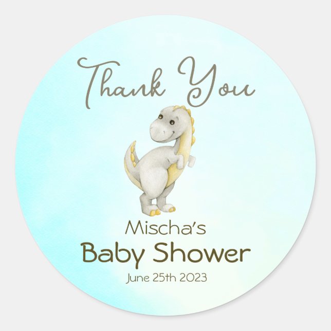 Sticker Rond Cute Blue Dinosaur Boys Baby shower Merci (Devant)