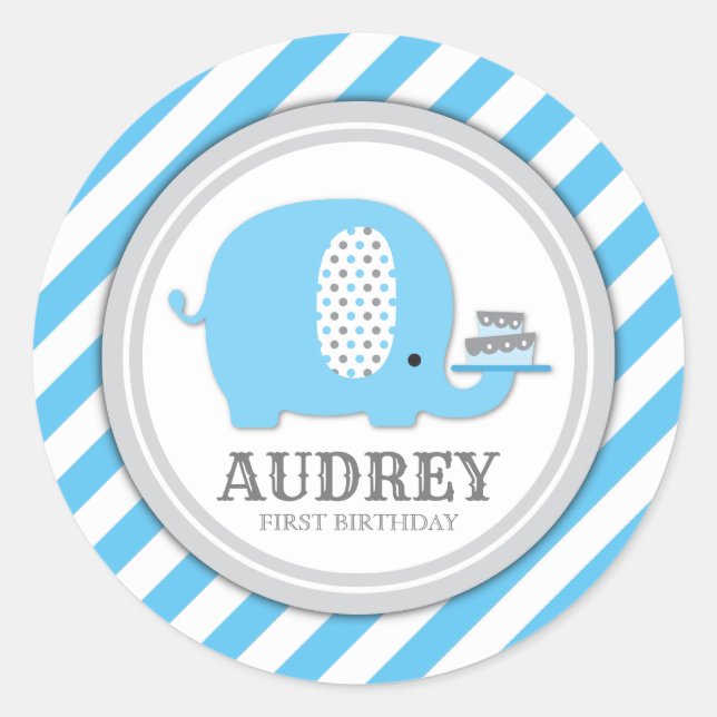 Sticker Rond Cute Blue Elephant Boy Premier Baby shower d'anniv (Devant)