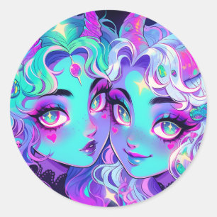 Sticker Rond Cute Blue Horned Alien Twins Anime Girls