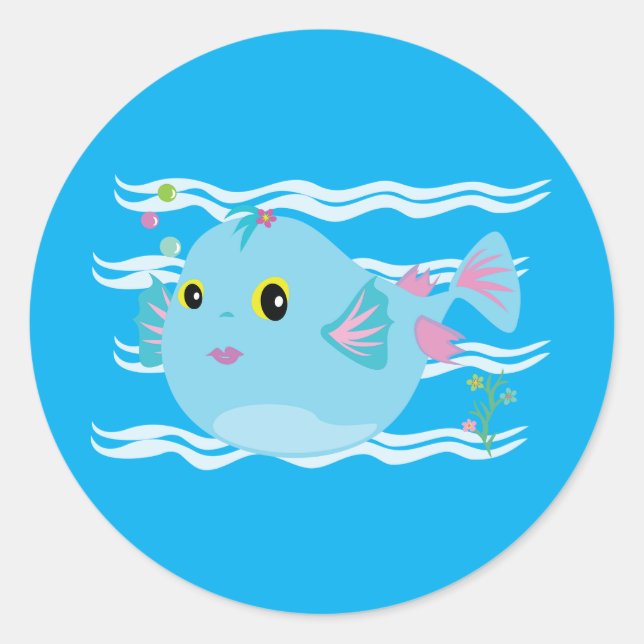 Sticker Rond Cute Blue Tropical Fish Pink Fins (Devant)