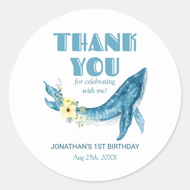 Sticker Rond Cute Blue Whale Jaune Floral Merci d'anniversaire (Devant)