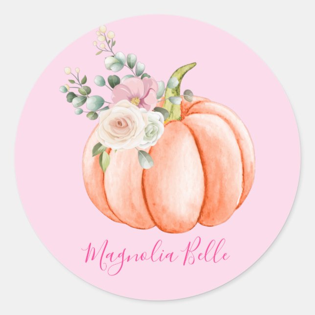 Sticker Rond Cute Blush Rose Spring Floral Petit Nom Citrouille (Devant)