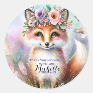 Sticker Rond Cute Boho Watercolor Fête d'anniversaire du renard