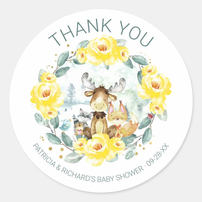 Sticker Rond Cute Bois Animaux Floral Baby shower de verdure (Devant)