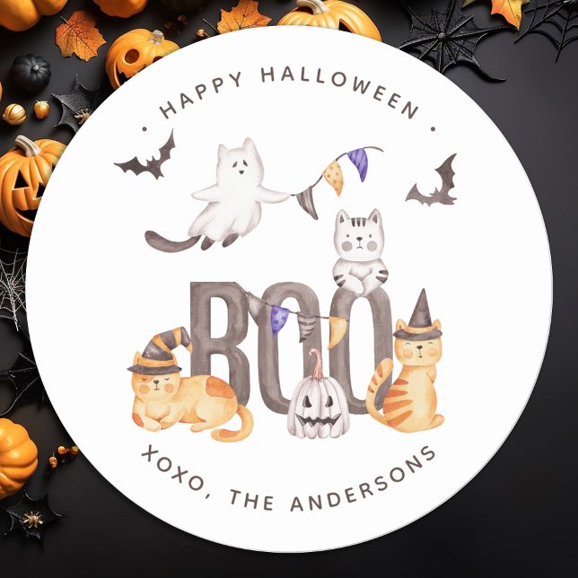 Sticker Rond Cute Boo Chats Fantômes Citrouille Bonne Halloween (Créateur téléchargé)