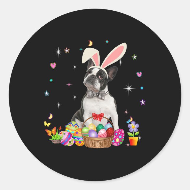 Sticker Rond Cute Boston Terrier Jour de Pâques Oeufs de lapin  (Devant)