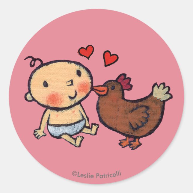 Sticker Rond Cute Brown Peck de poulet sur la joue pour bébé (Devant)
