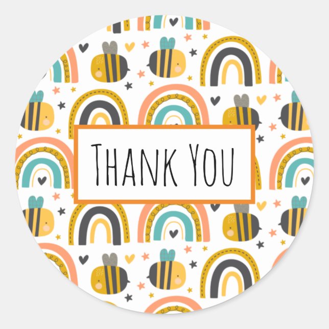 Sticker Rond Cute Bumble Bee et Rainbows Motif Merci (Devant)