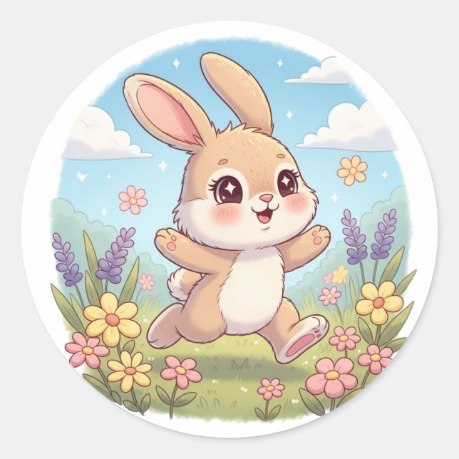Sticker Rond Cute Bunny Hopping in a Flower Field (Devant)