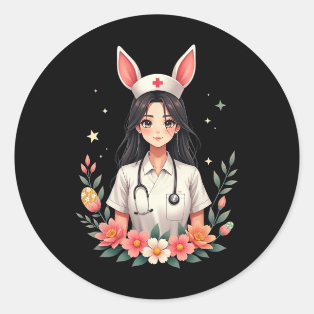 Sticker Rond Cute Bunny Nurse Anime Girl Pâques Médicale Istant (Devant)