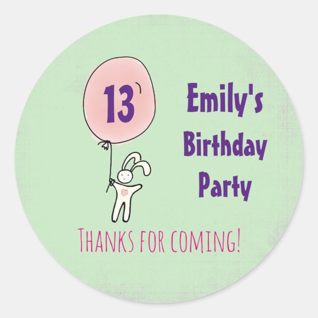Sticker Rond Cute Bunny tenant un ballon Merci d'anniversaire (Devant)