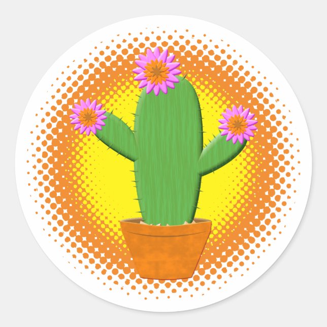 Sticker Rond Cute Cactus Cartoon Avec Fleurs Roses (Devant)