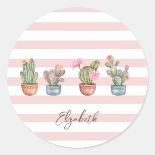 Sticker Rond Cute Cactus rose blanc Motif rayé