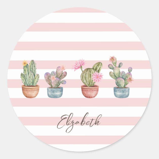 Sticker Rond Cute Cactus rose blanc Motif rayé (Devant)