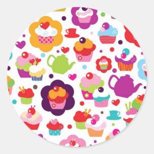 Sticker Rond Cute cake and tea pot