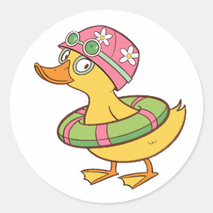 Sticker Rond Cute canard avec Casquette de natation et lunettes