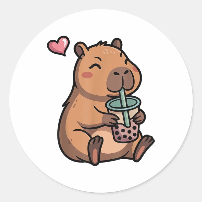 Sticker Rond Cute Capybara Boba Bubble Tea Kawaii Capybara Girl (Devant)