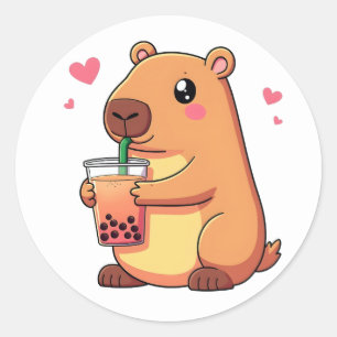 Sticker Rond Cute Capybara Boire Boba Bubble Tea Femmes Filles