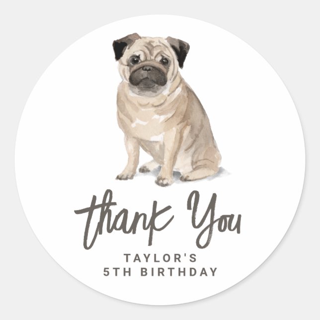 Sticker Rond Cute Carlin aquarelle Chien Anniversaire Merci de  (Devant)