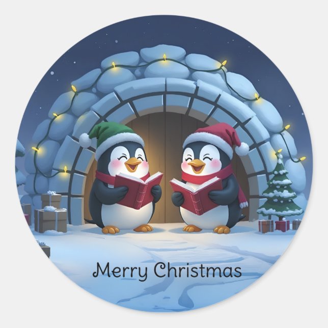 Sticker Rond Cute Cartoon Caroling Penguins (Devant)