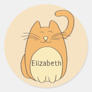 Sticker Rond Cute Cartoon Chat Ajouter un nom   Beige