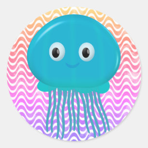 Sticker Rond Cute Cartoon Jellyfish Dans Océan Coloré